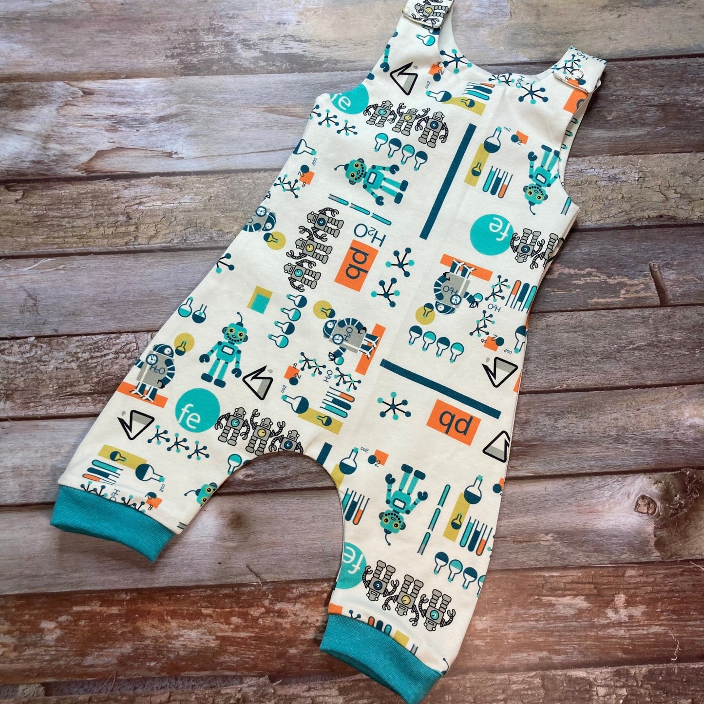 White Aqua Robot Baby dungarees 0 - 3 months - Uphouse Crafts