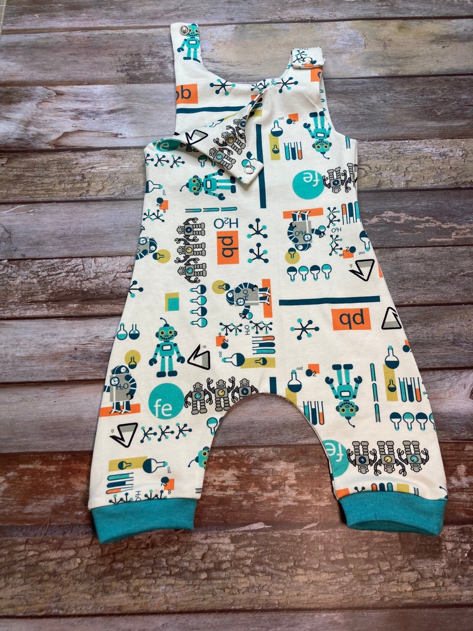 White Aqua Robot Baby dungarees 0 - 3 months - Uphouse Crafts