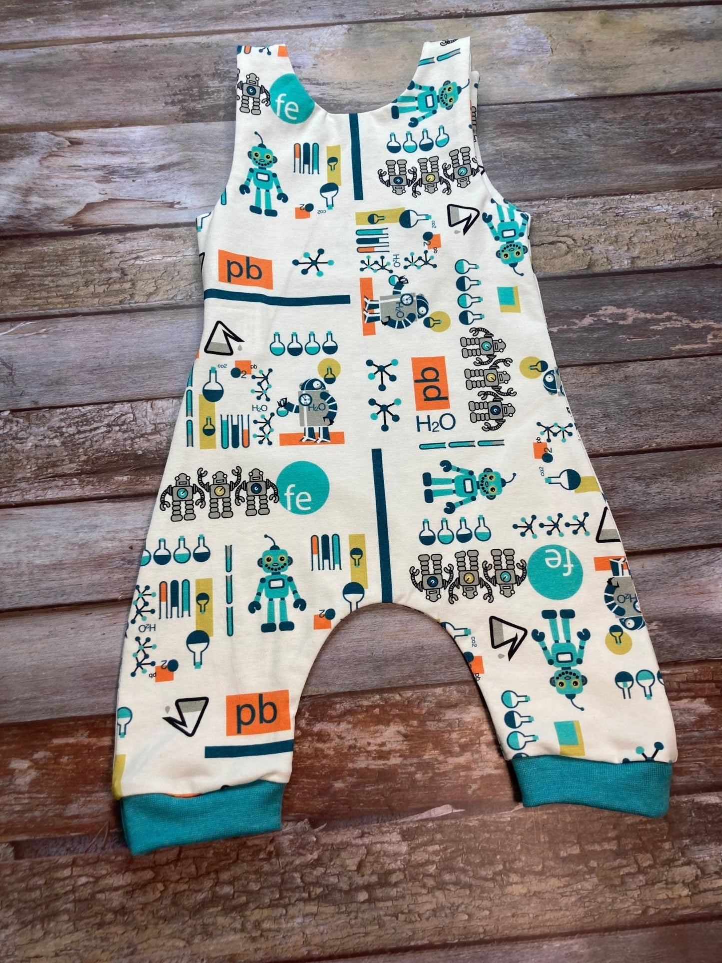 White Aqua Robot Baby dungarees 0 - 3 months - Uphouse Crafts