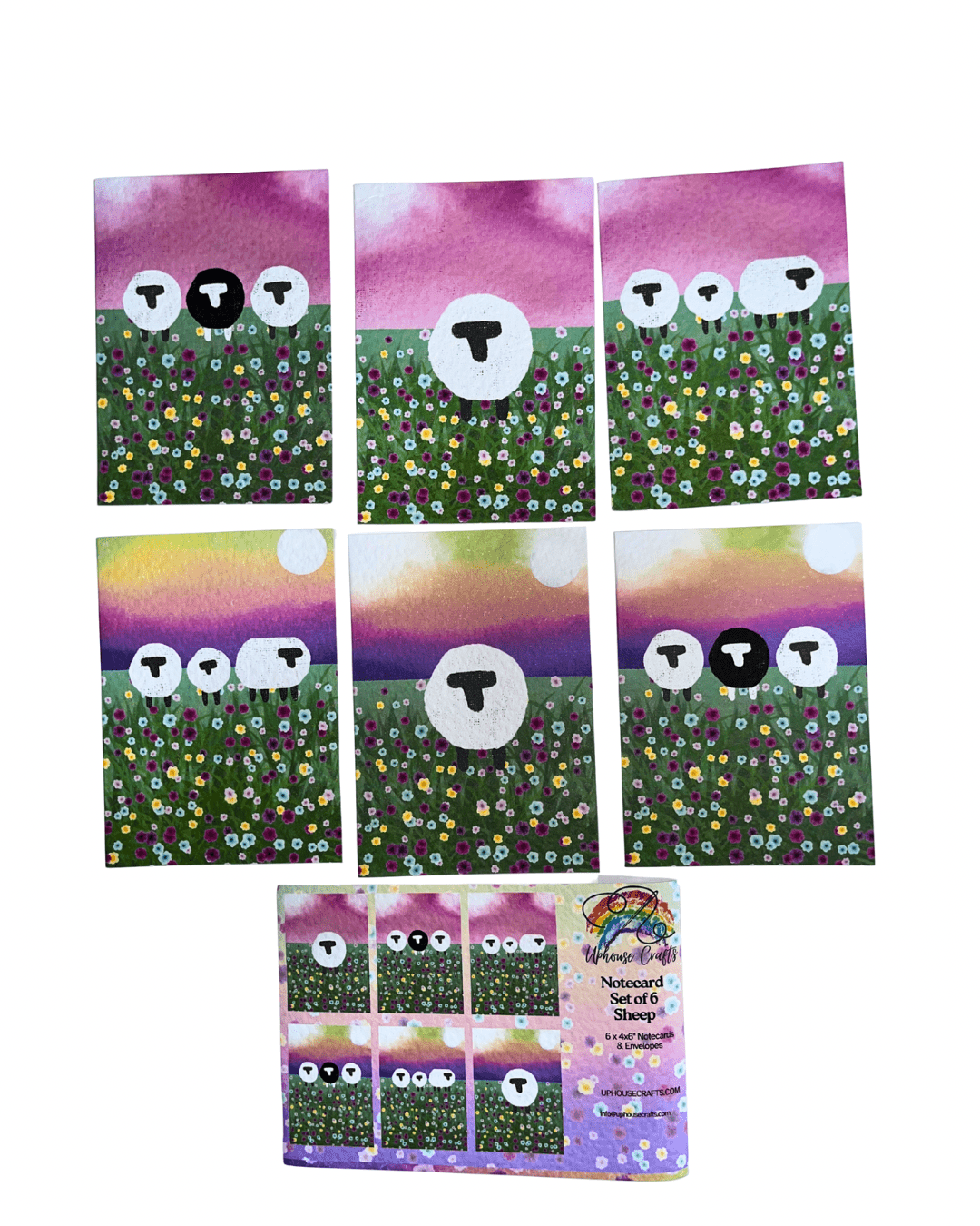 Wholesale | Greetings Card | Shetland - Set of 6 Sheep Notecards | Pink & Sunset (BOX of 10) - Uphouse Crafts