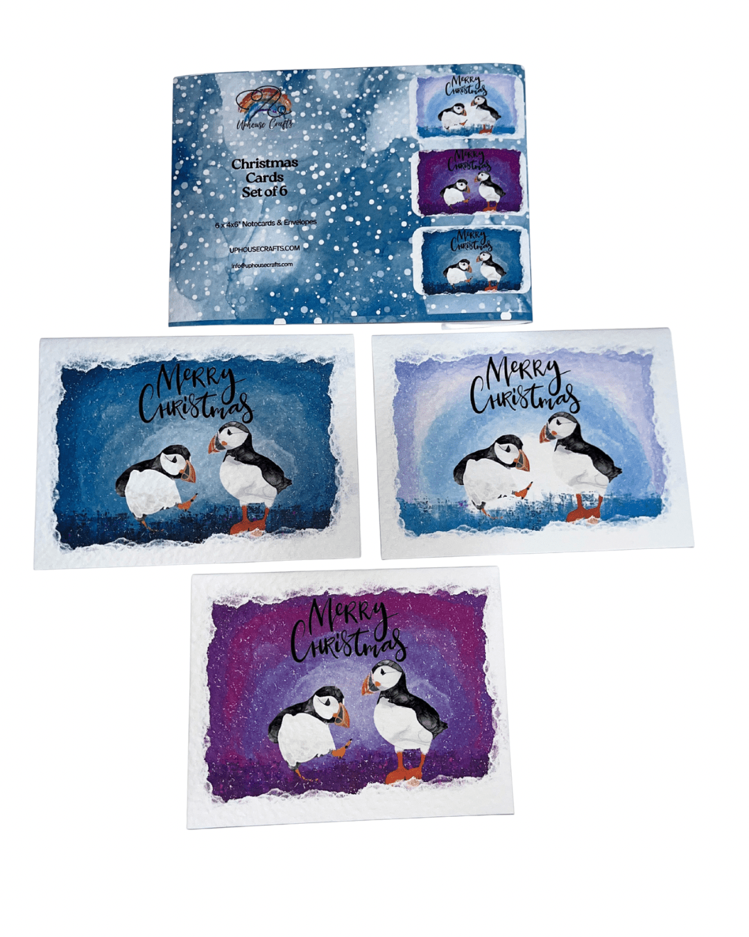 Wholesale Puffin Christmas Card | Shetland - Set of 6 Puffin Notecards | Blue Purple (BOX OF 10) - Uphouse Crafts