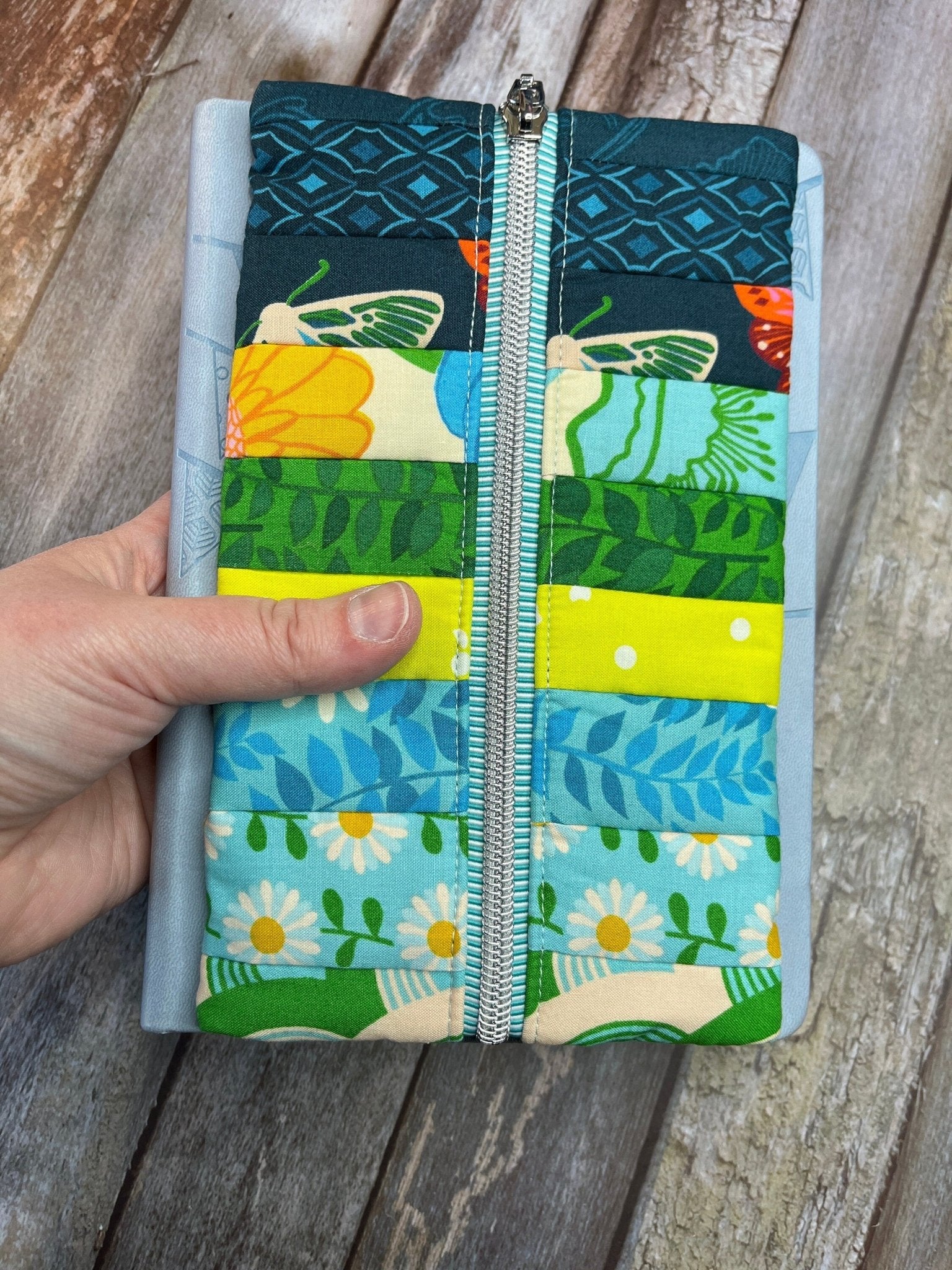 Yellow Green Blue Patchwork Notebook Pencil Case, A5 Journal Zip Case, Bookmark - Uphouse Crafts