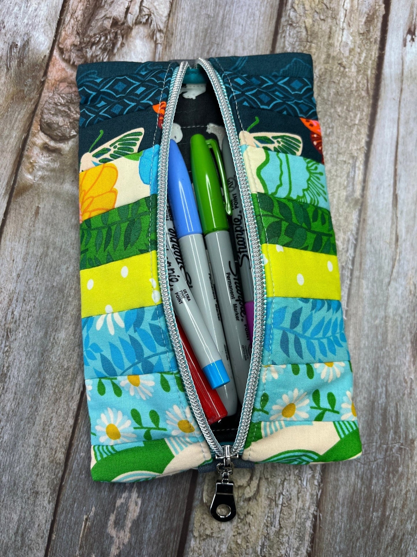 Yellow Green Blue Patchwork Notebook Pencil Case, A5 Journal Zip Case, Bookmark - Uphouse Crafts