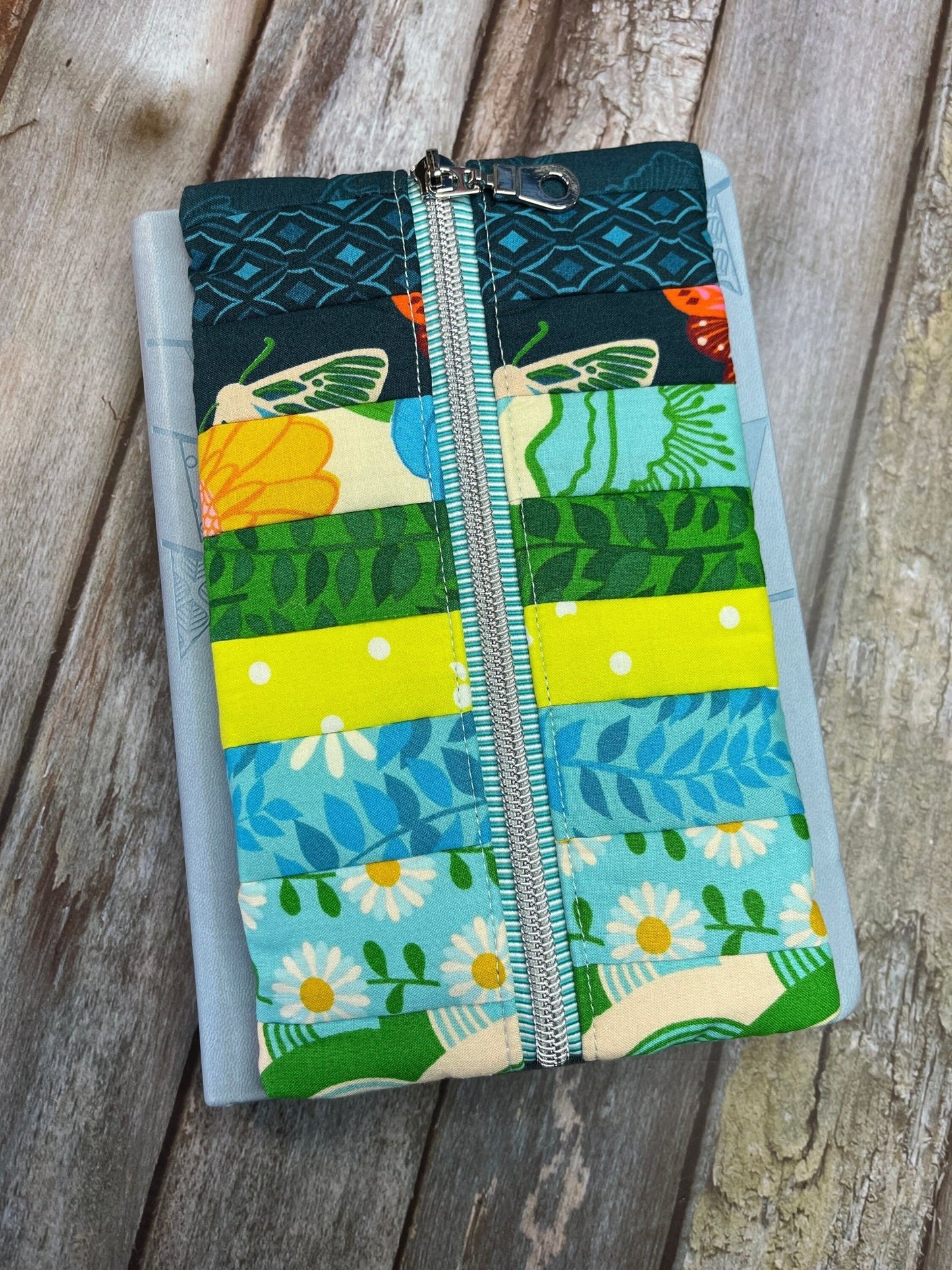 Yellow Green Blue Patchwork Notebook Pencil Case, A5 Journal Zip Case, Bookmark - Uphouse Crafts