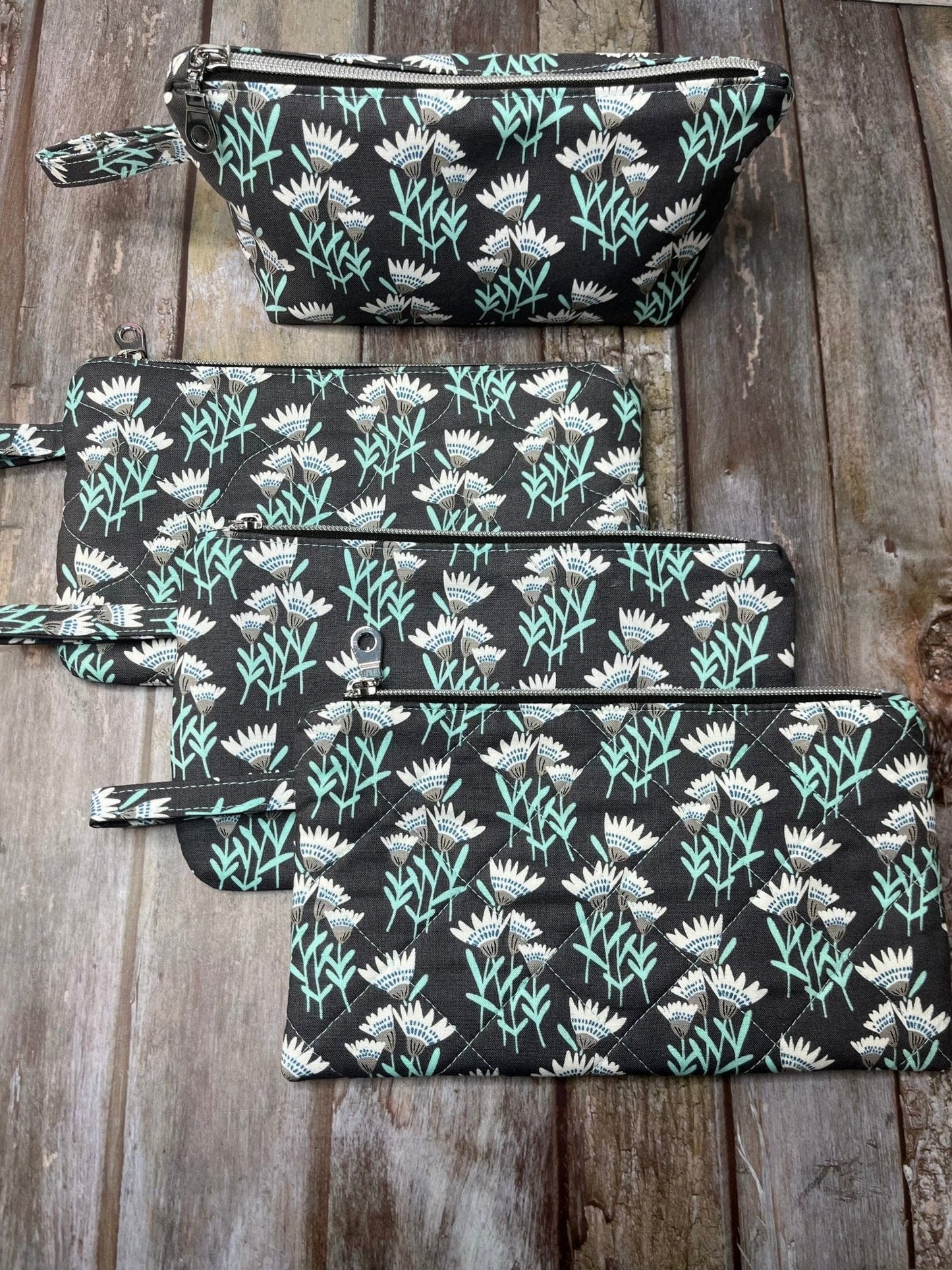 Zip Pouch Makeup Bag - Pencil Case | Grey Aqua Floral