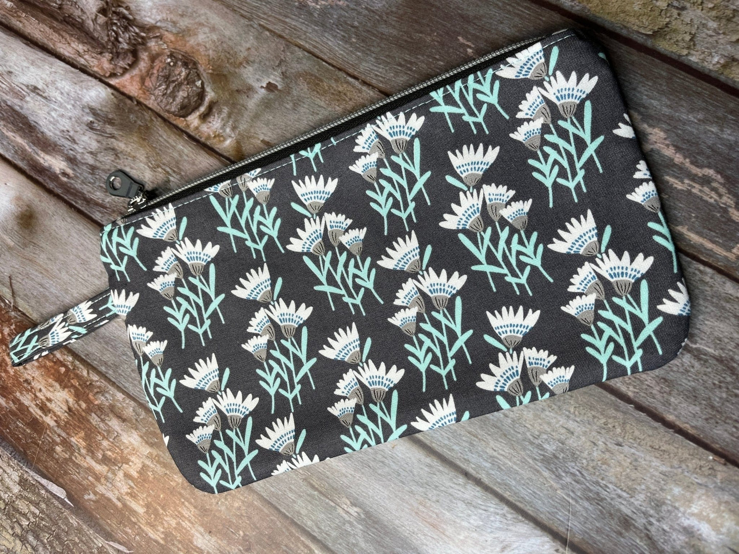 Zip Pouch Makeup Bag - Pencil Case | Grey Aqua Floral