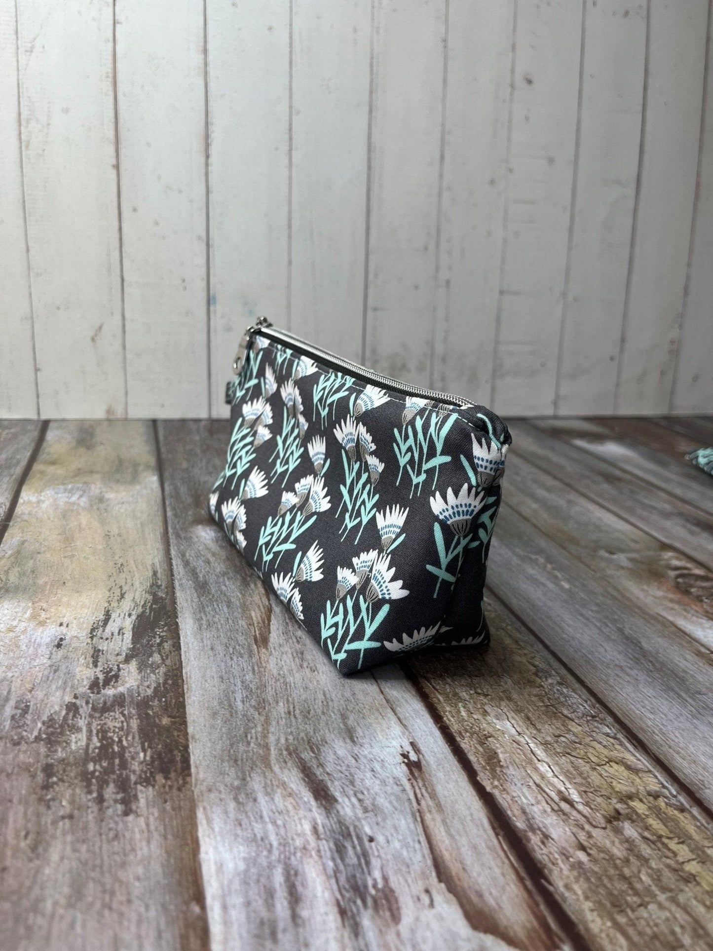 Zip Pouch Makeup Bag - Pencil Case | Grey Aqua Floral