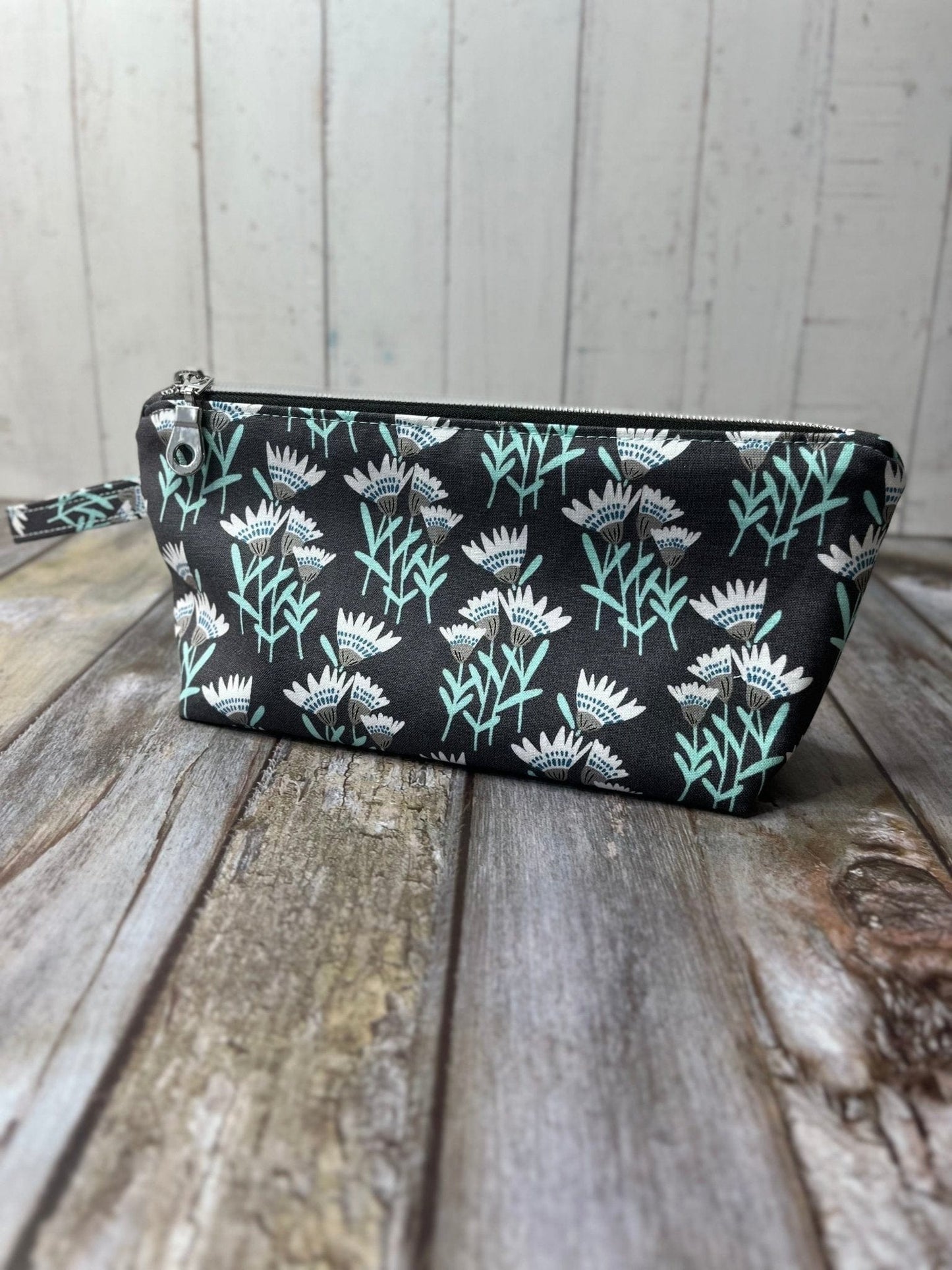 Zip Pouch Makeup Bag - Pencil Case | Grey Aqua Floral Boxed Corners