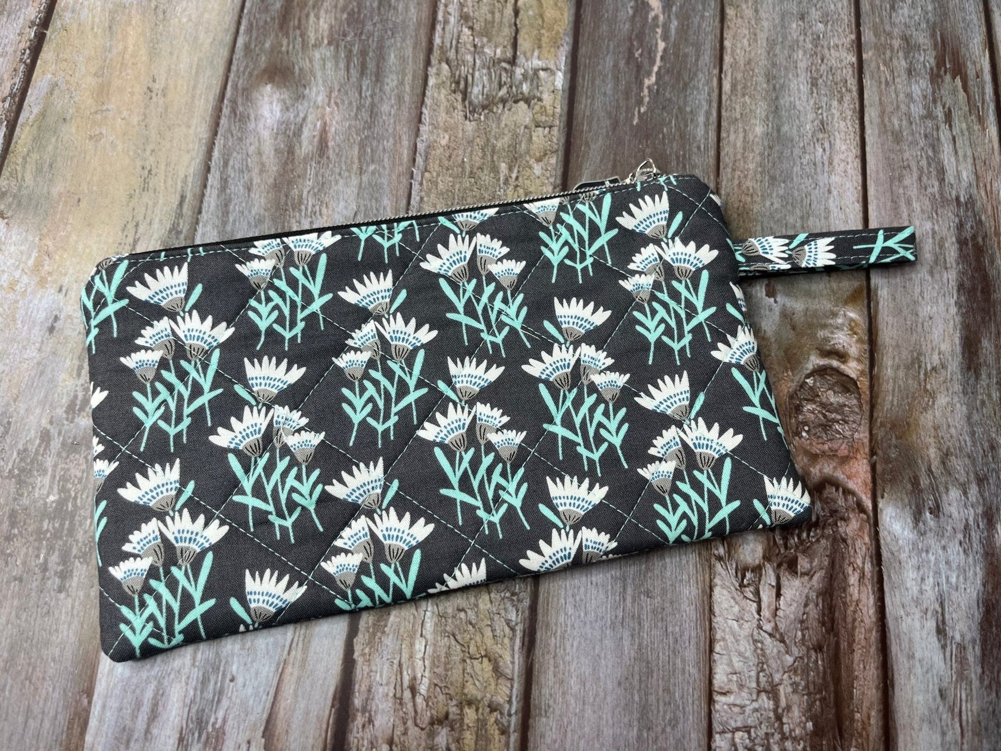 Zip Pouch Makeup Bag - Pencil Case | Grey Aqua Floral