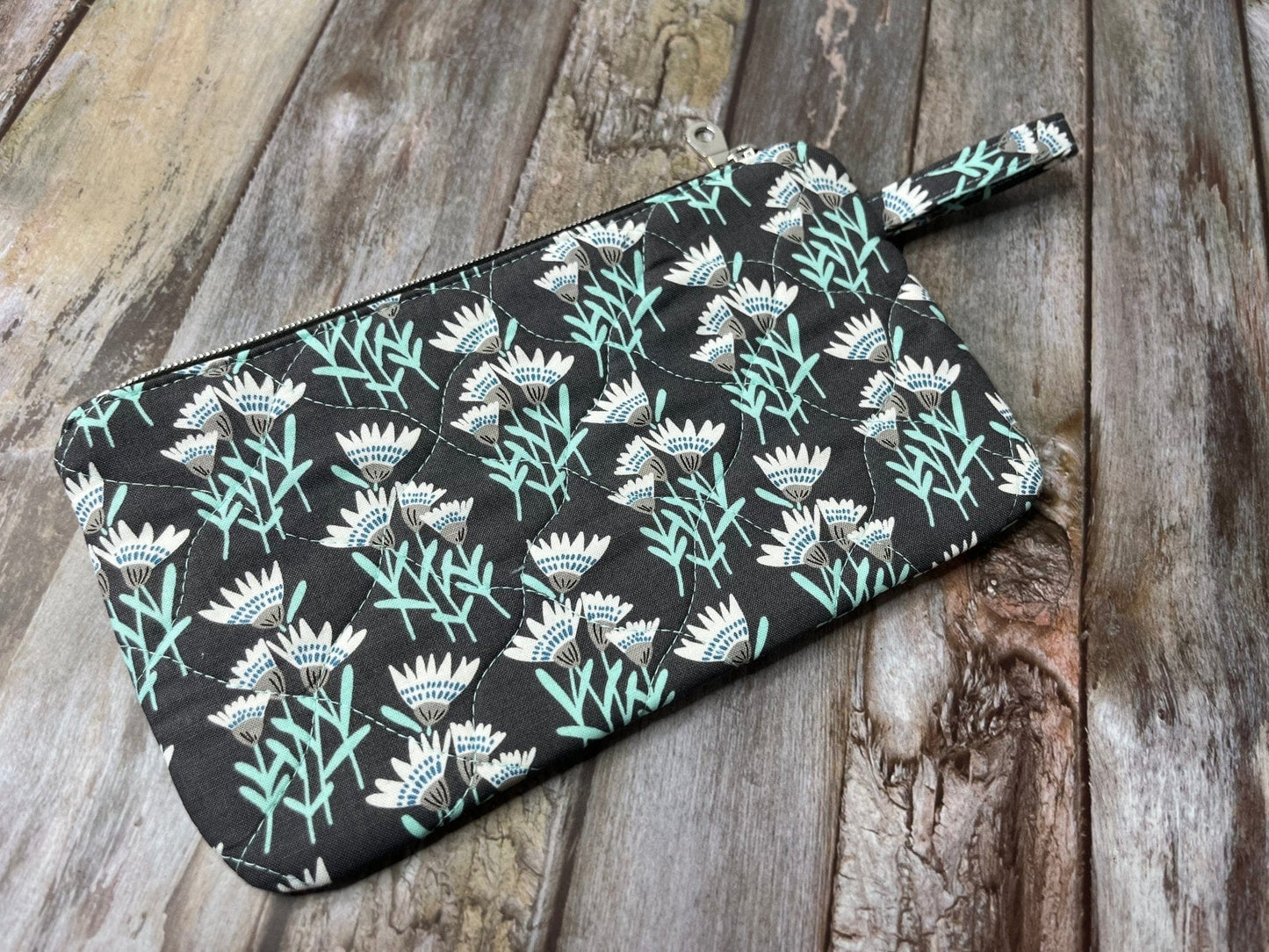 Zip Pouch Makeup Bag - Pencil Case | Grey Aqua Floral