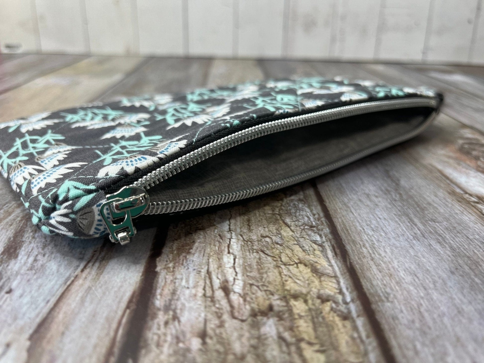 Zip Pouch Makeup Bag - Pencil Case | Grey Aqua Floral