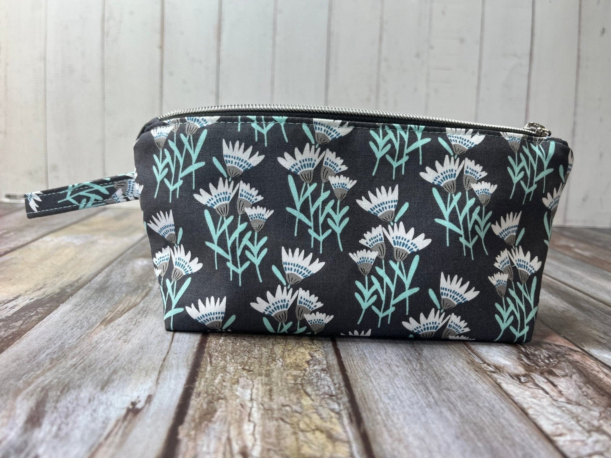 Zip Pouch Makeup Bag - Pencil Case | Grey Aqua Floral