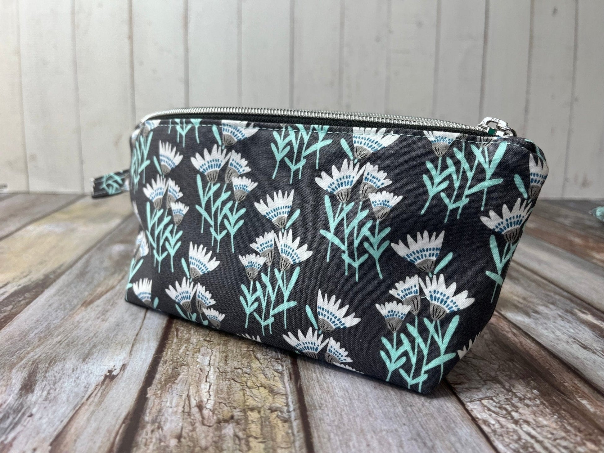 Zip Pouch Makeup Bag - Pencil Case | Grey Aqua Floral