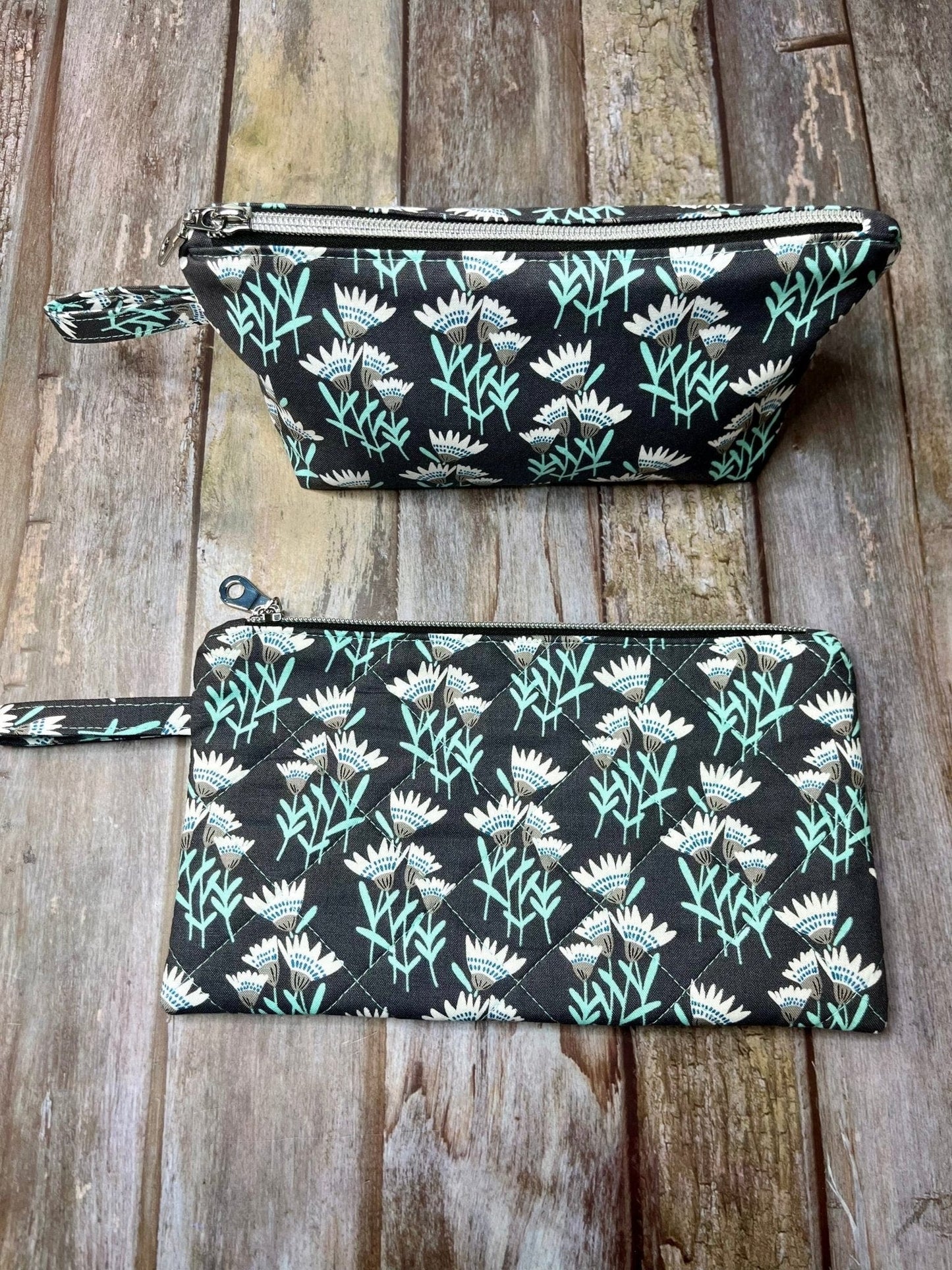 Zip Pouch Makeup Bag - Pencil Case | Grey Aqua Floral