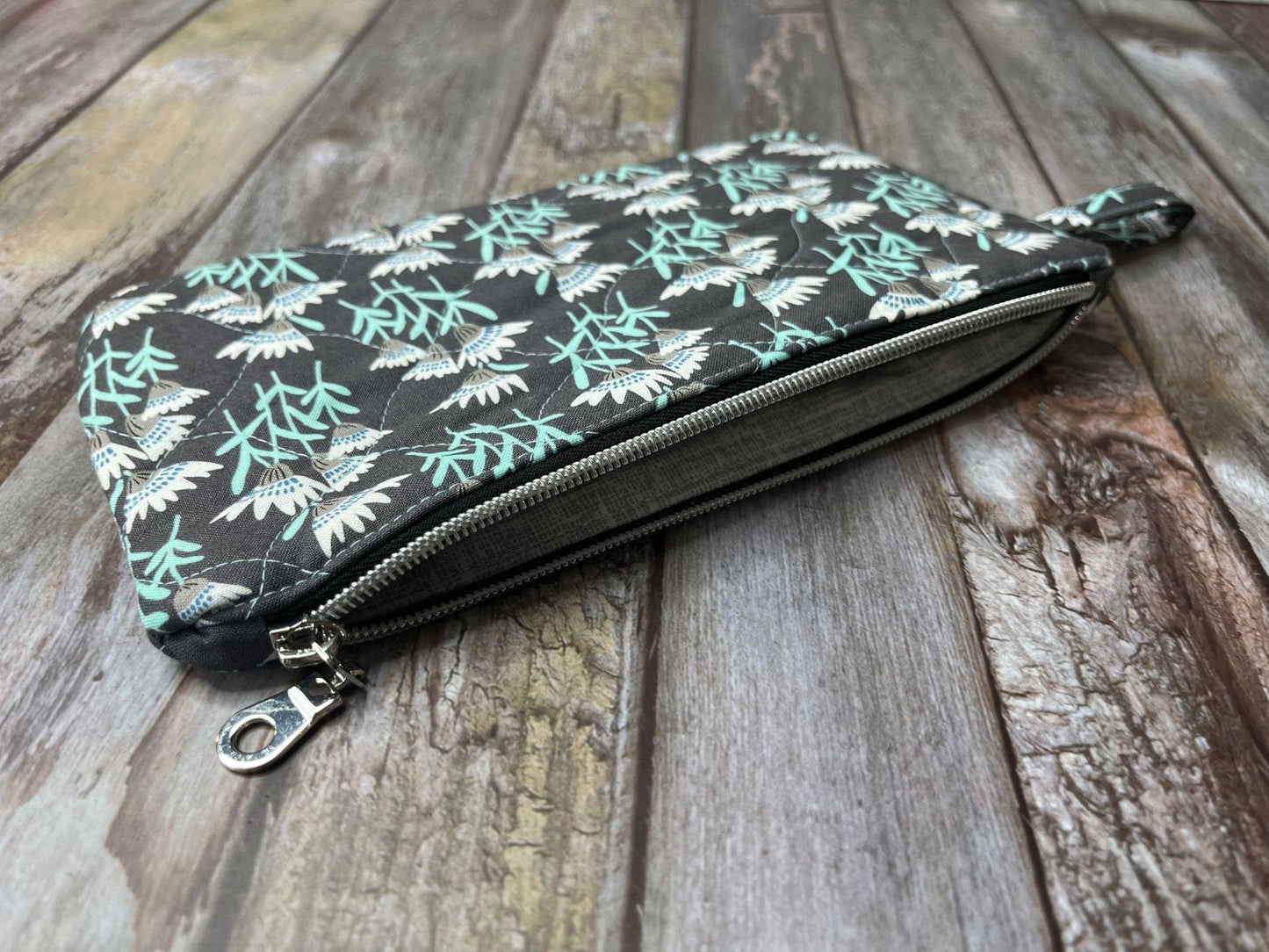 Zip Pouch Makeup Bag - Pencil Case | Grey Aqua Floral