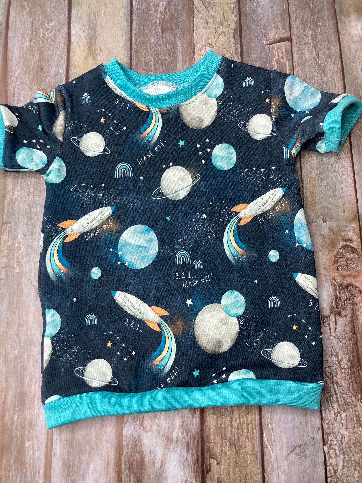 Kids Cuffed T-shirt cotton French terry - Space Rocket Blue - age 1-4 - Uphouse Crafts