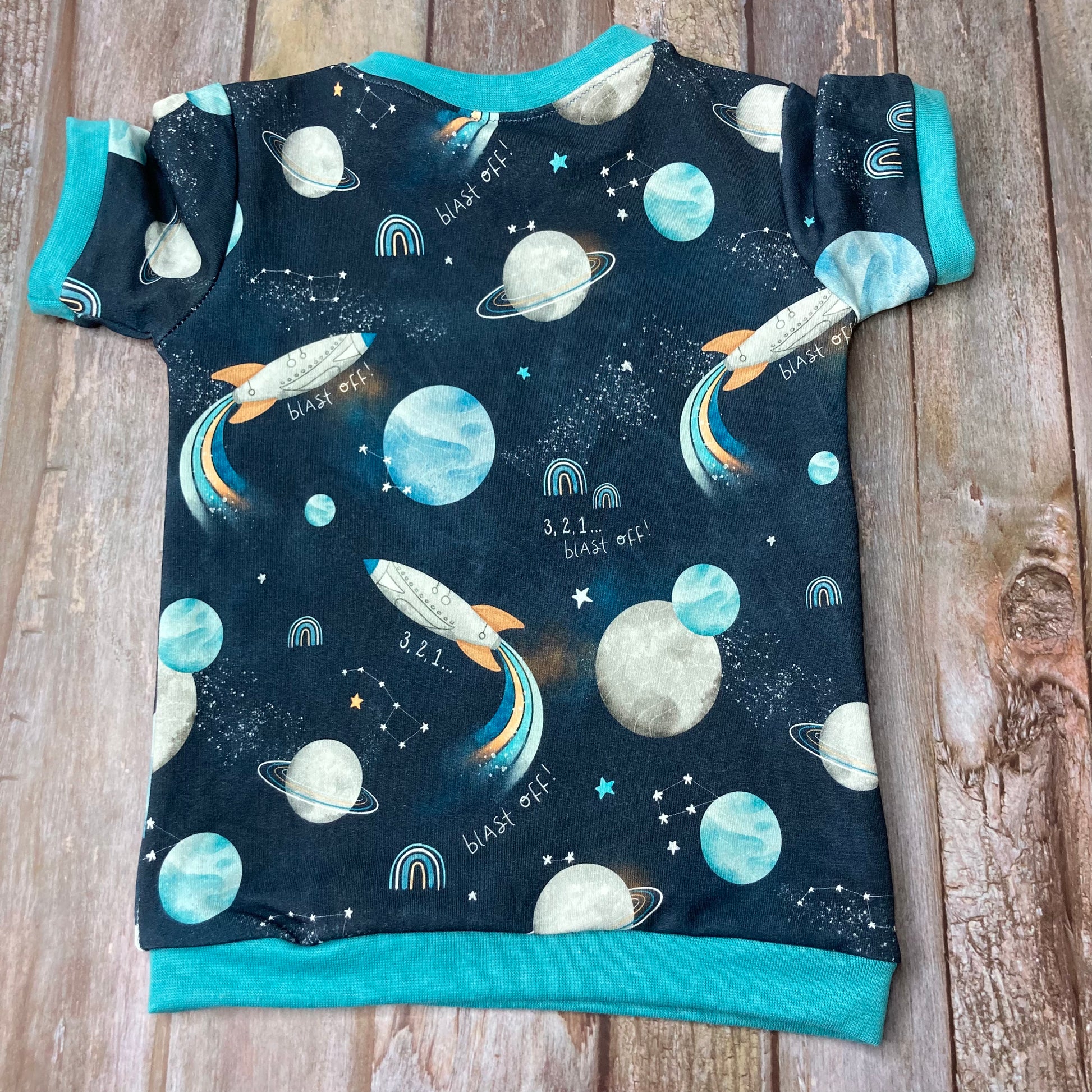 Kids Cuffed T-shirt cotton French terry - Space Rocket Blue - age 1-4 - Uphouse Crafts