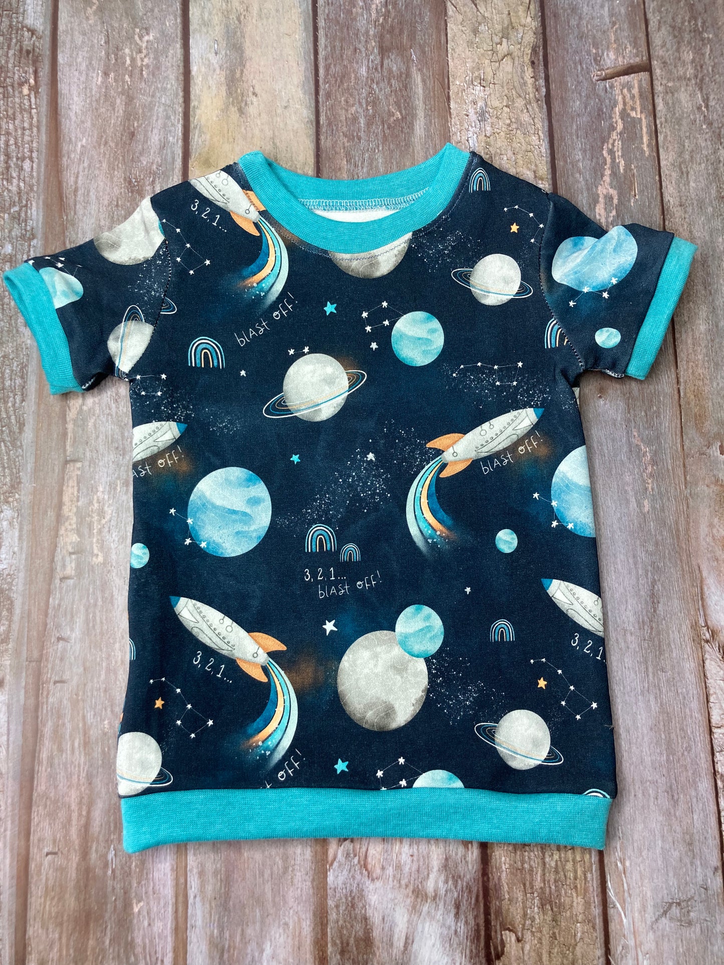 Kids Cuffed T-shirt cotton French terry - Space Rocket Blue - age 1-4 - Uphouse Crafts