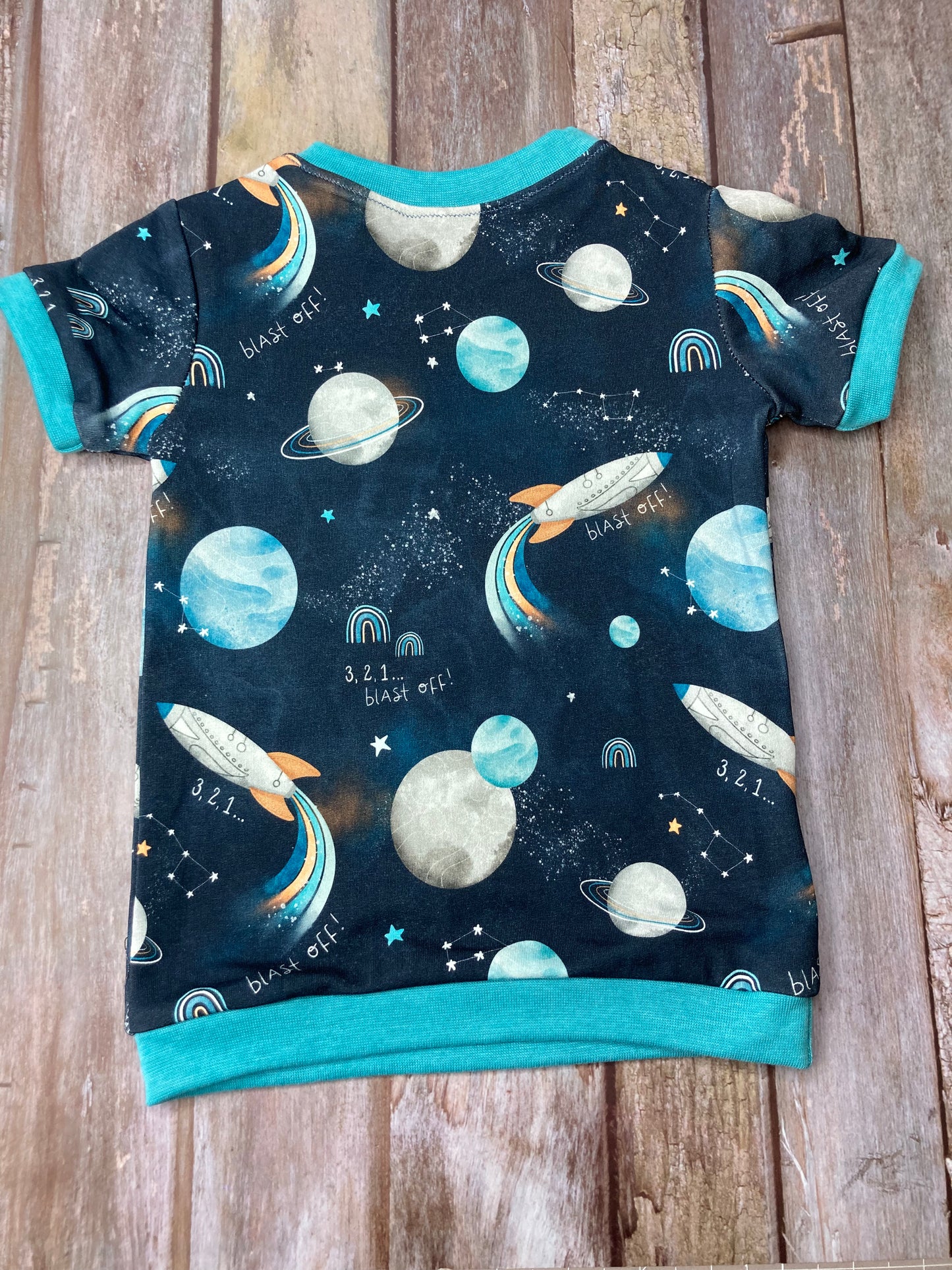 Kids Cuffed T-shirt cotton French terry - Space Rocket Blue - age 1-4 - Uphouse Crafts