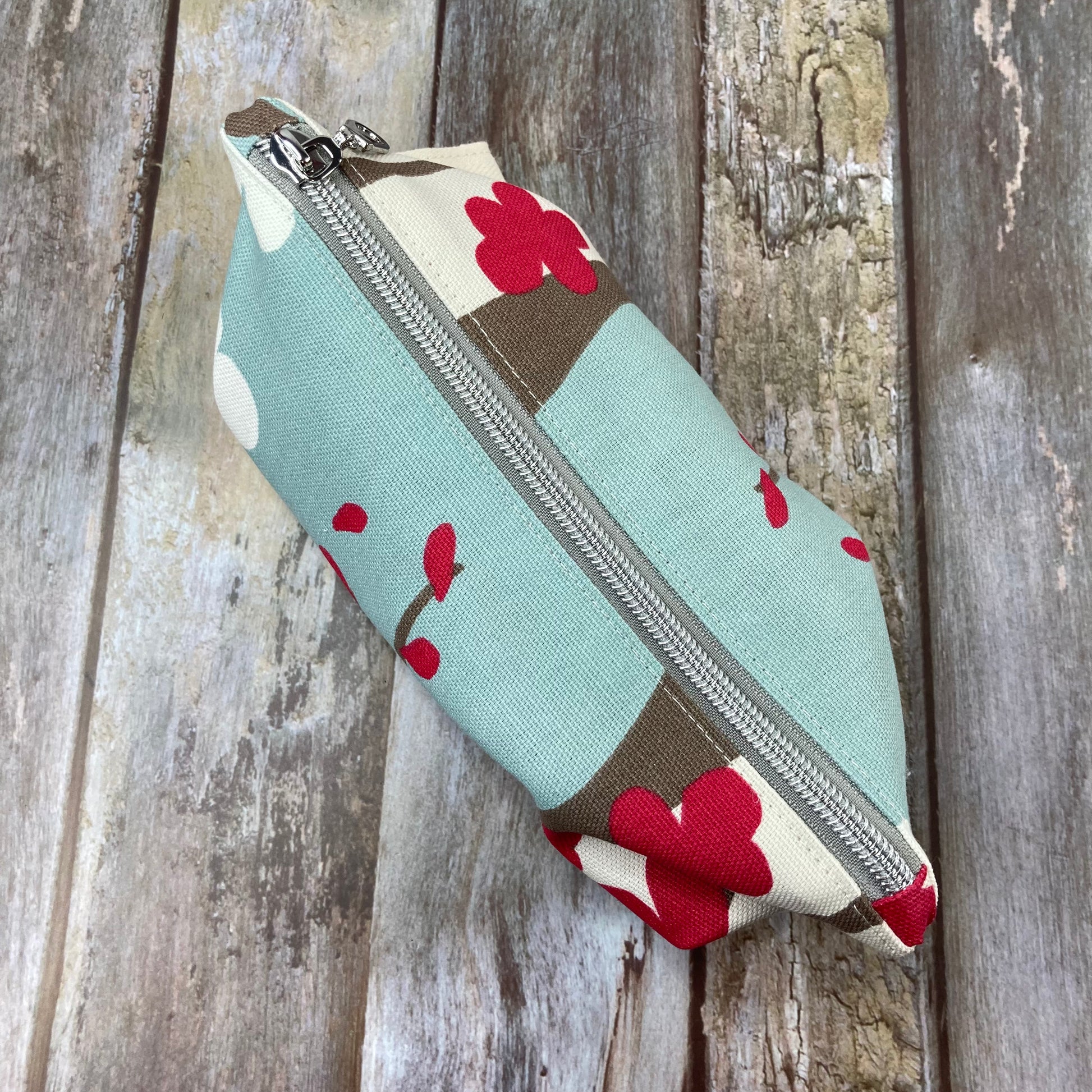 Makeup Bag Pencil Case - Pale Blue Cream Red Abstract Floral - Uphouse Crafts