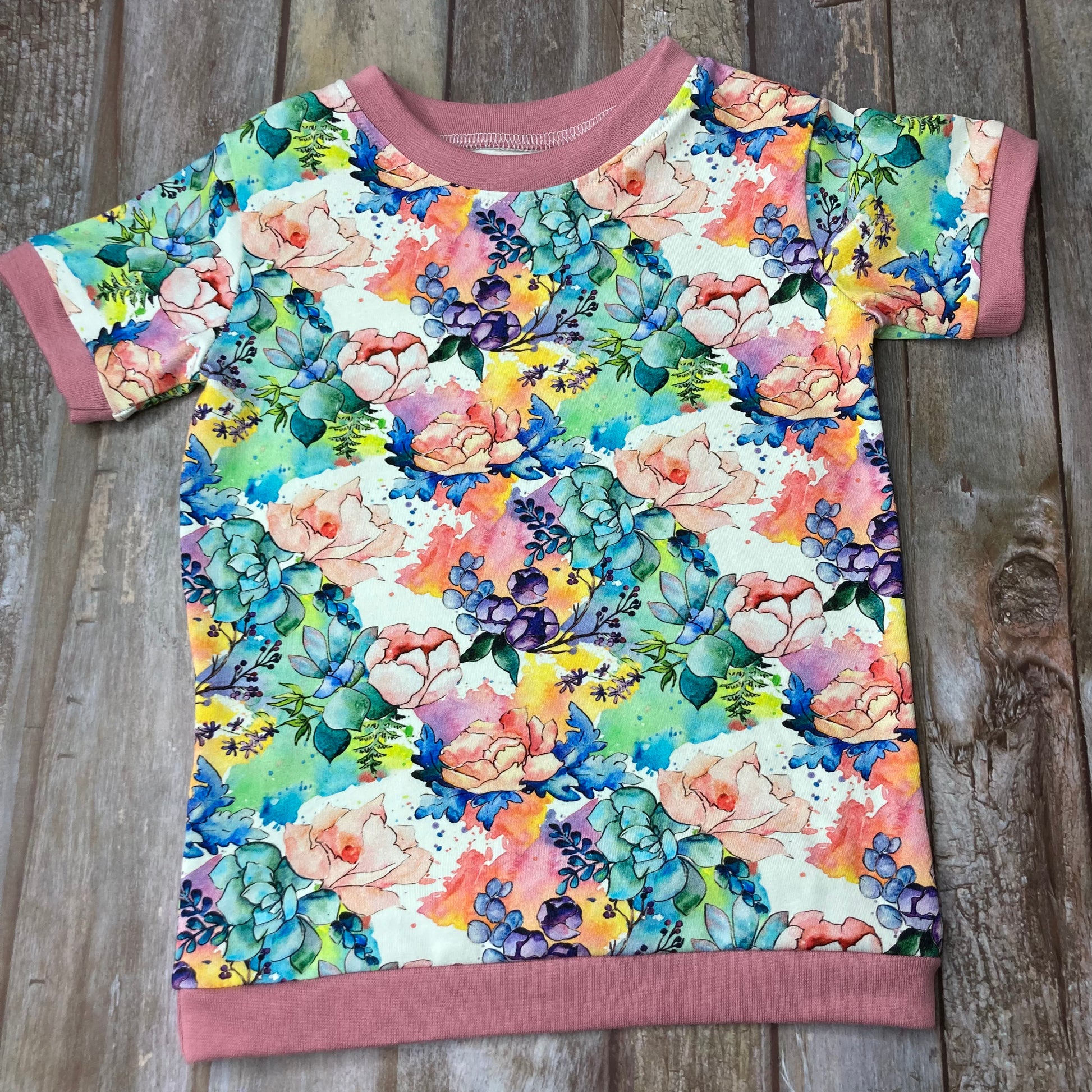 Kids Cuffed T-shirt cotton jersey - floral pink white green - age 1-4 - Uphouse Crafts