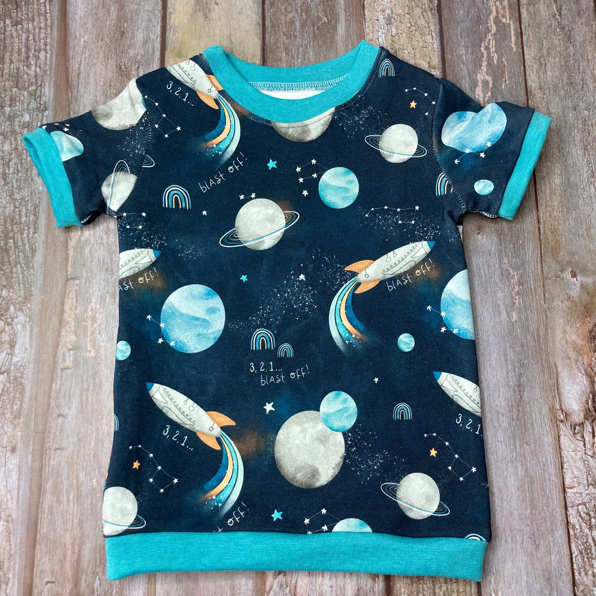 Kids Cuffed T-shirt cotton French terry - Space Rocket Blue - age 1-4 - Uphouse Crafts