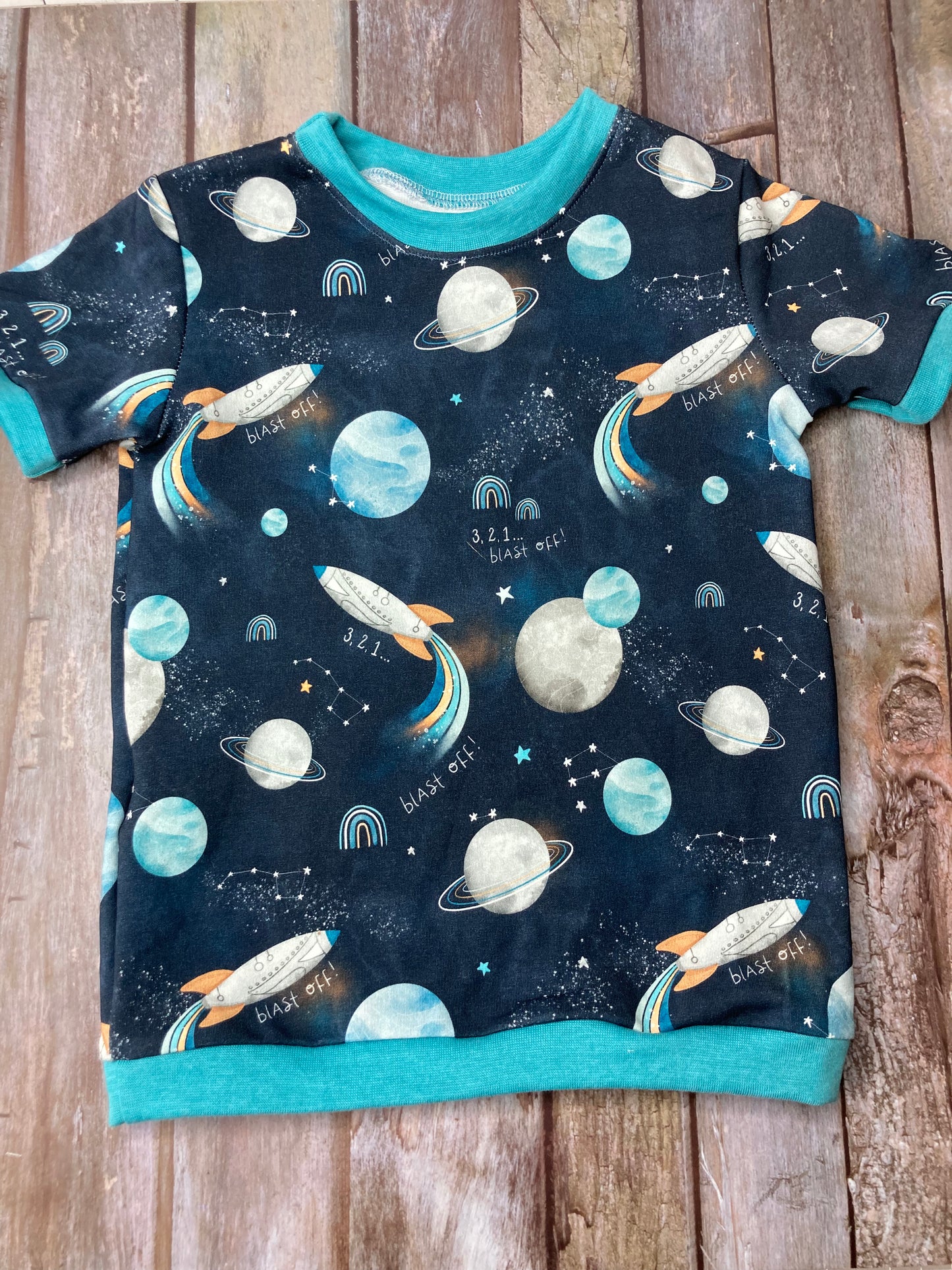 Kids Cuffed T-shirt cotton French terry - Space Rocket Blue - age 1-4 - Uphouse Crafts