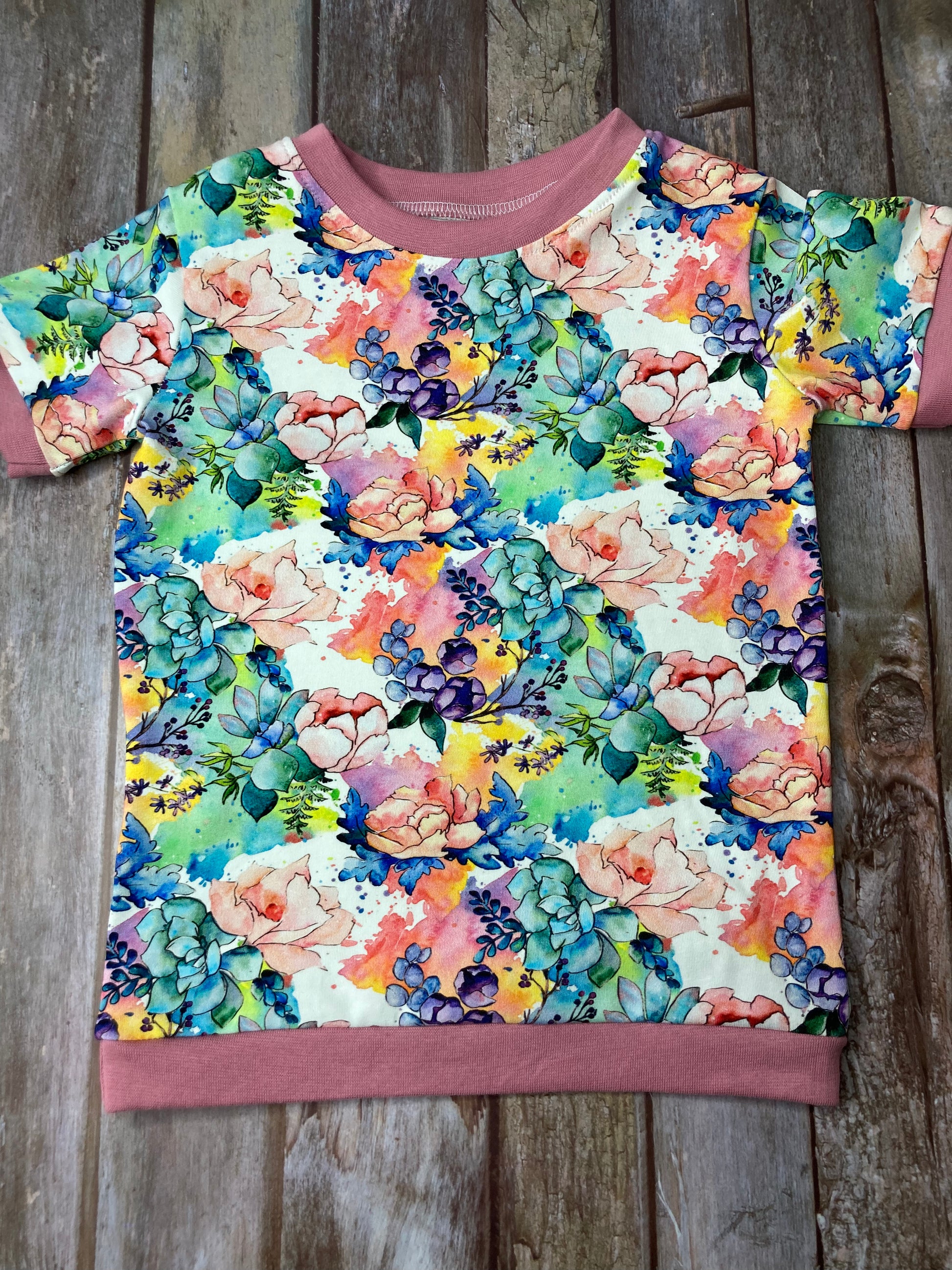 Kids Cuffed T-shirt cotton jersey - floral pink white green - age 1-4 - Uphouse Crafts