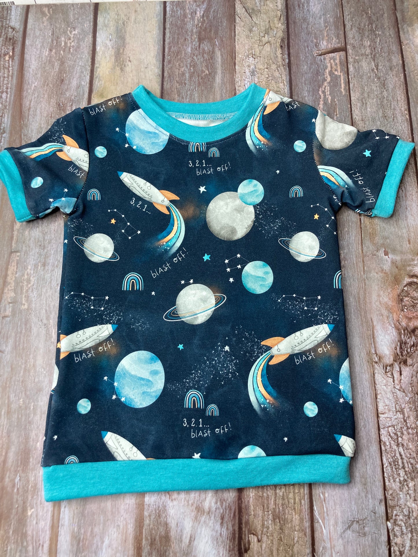 Kids Cuffed T-shirt cotton French terry - Space Rocket Blue - age 1-4 - Uphouse Crafts