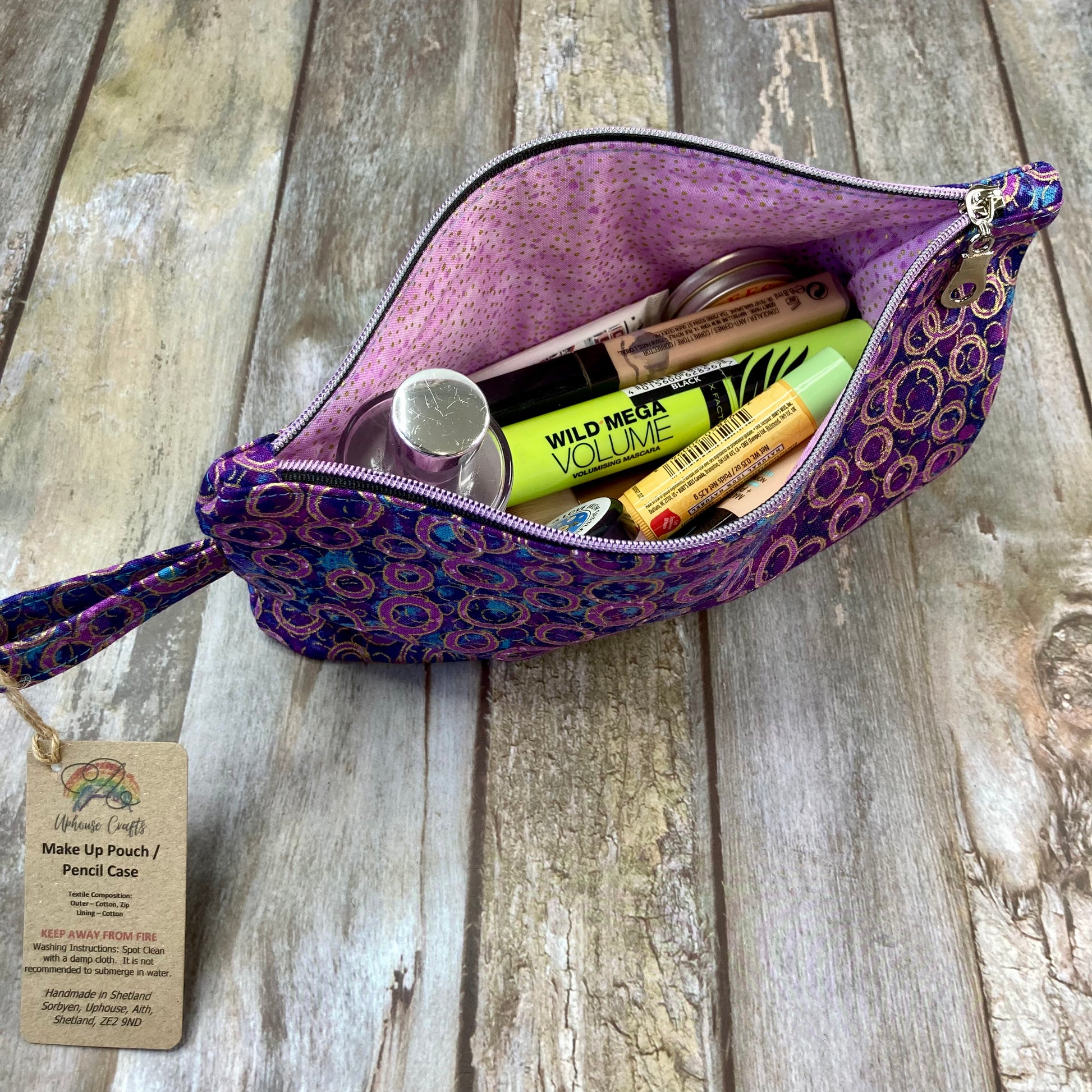Makeup Bag Pencil Case - Hummingbird, Purple Gold Shimmer - Uphouse Crafts