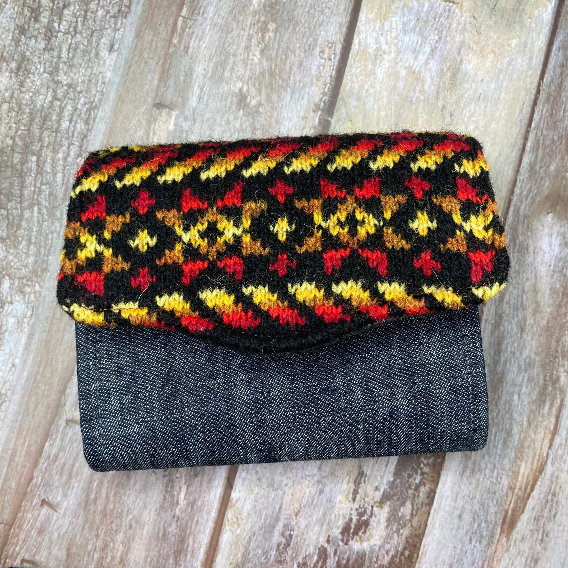 Hand knitted Fair Isle Purse, Clutch - Black Red Yellow Star - Uphouse Crafts