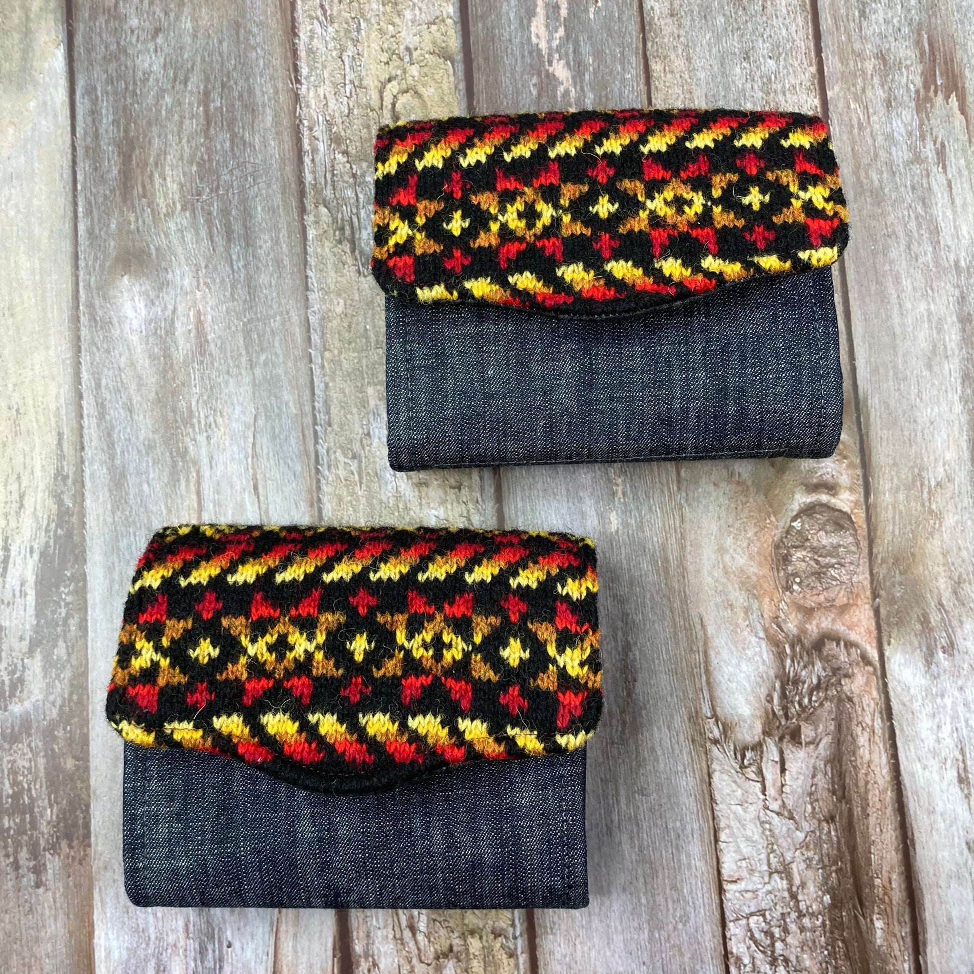 Hand knitted Fair Isle Purse Clutch | Black Red Yellow Star