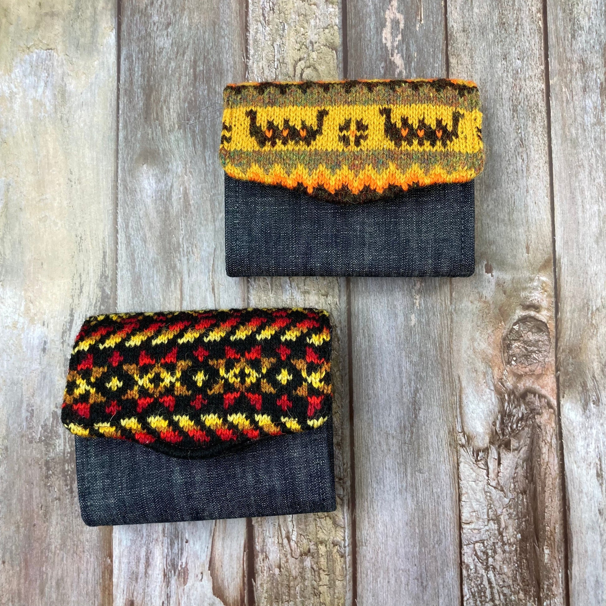 Hand knitted Fair Isle Purse Clutch | Black Red Yellow Star