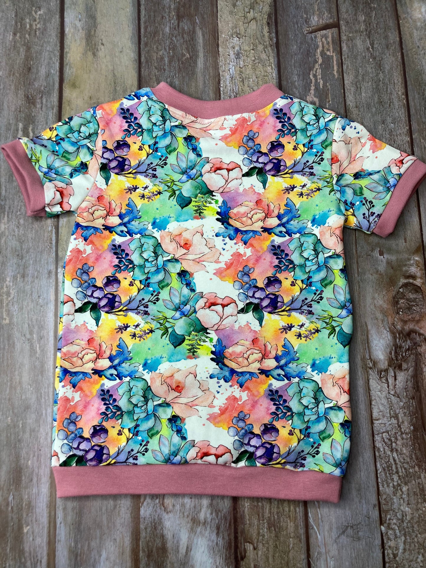 Kids Cuffed T-shirt | Floral pink white green