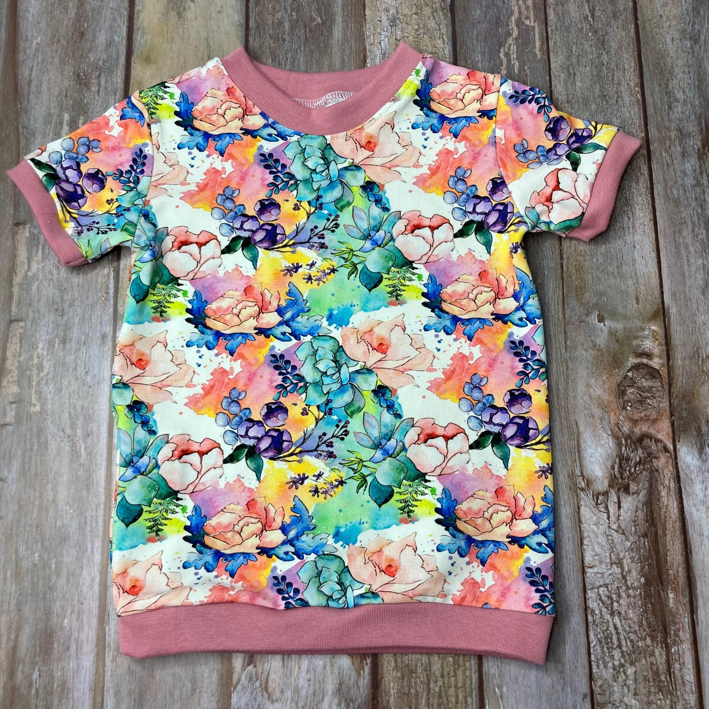 Kids Cuffed T-shirt | Floral pink white green