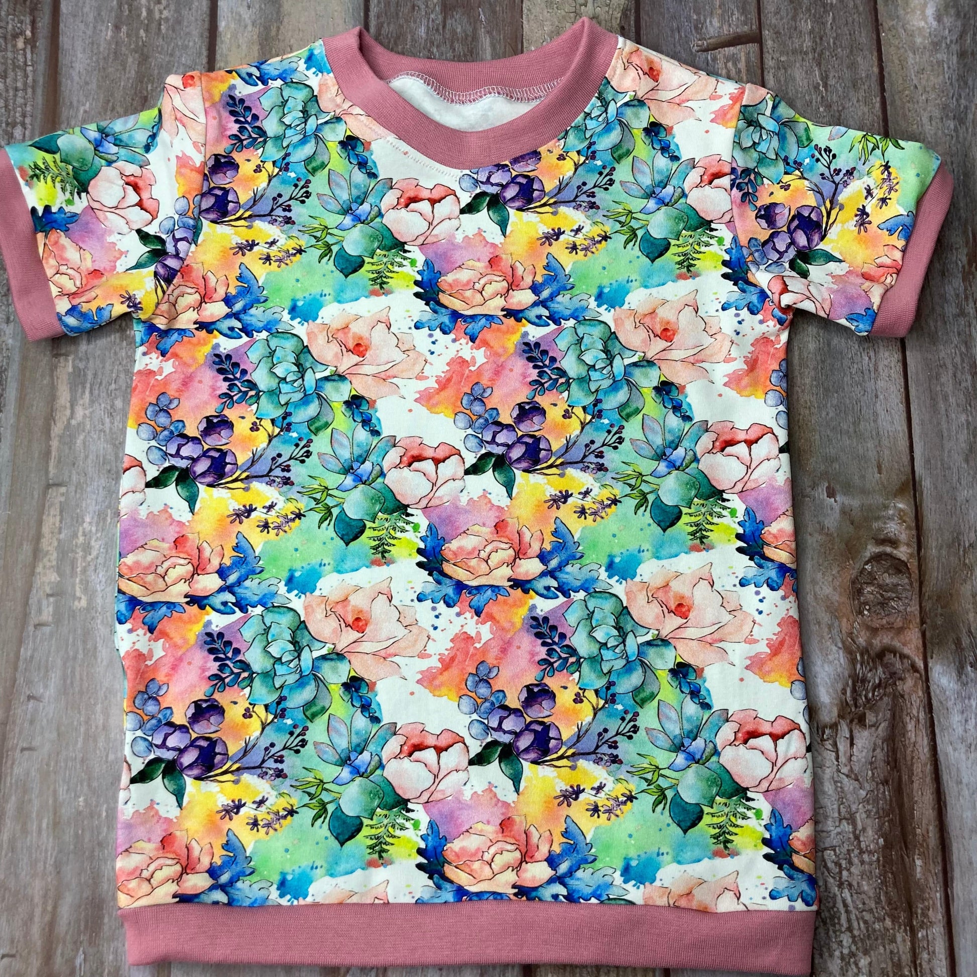 Kids Cuffed T-shirt | Floral pink white green