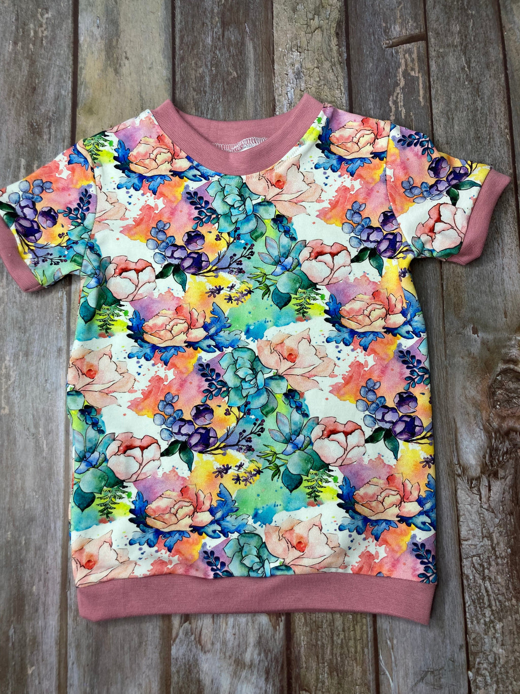 Kids Cuffed T-shirt | Floral pink white green