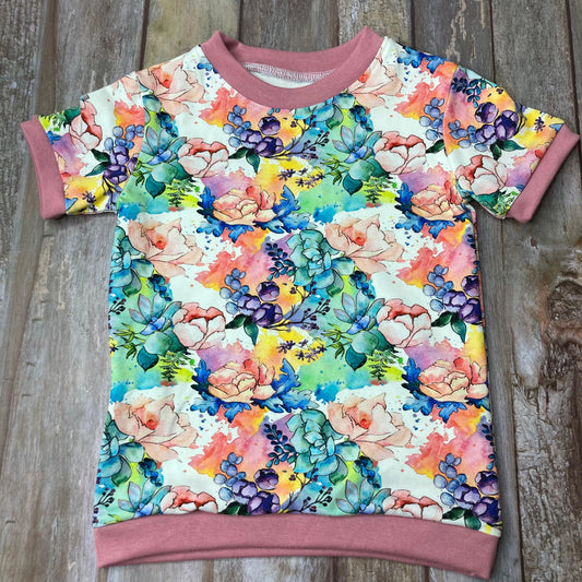 Kids Cuffed T-shirt | Floral pink white green