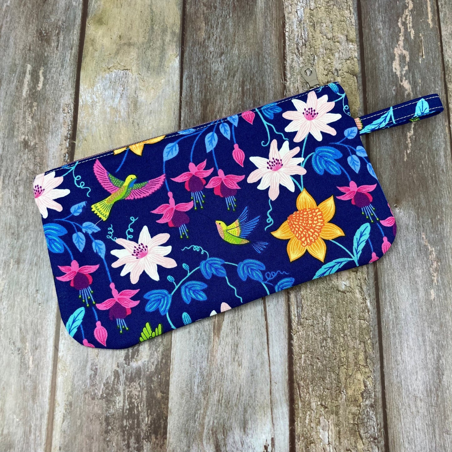 Zip Pouch Makeup Bag - Pencil Case | Hummingbird, Purple Gold Shimmer Blue hummingbird