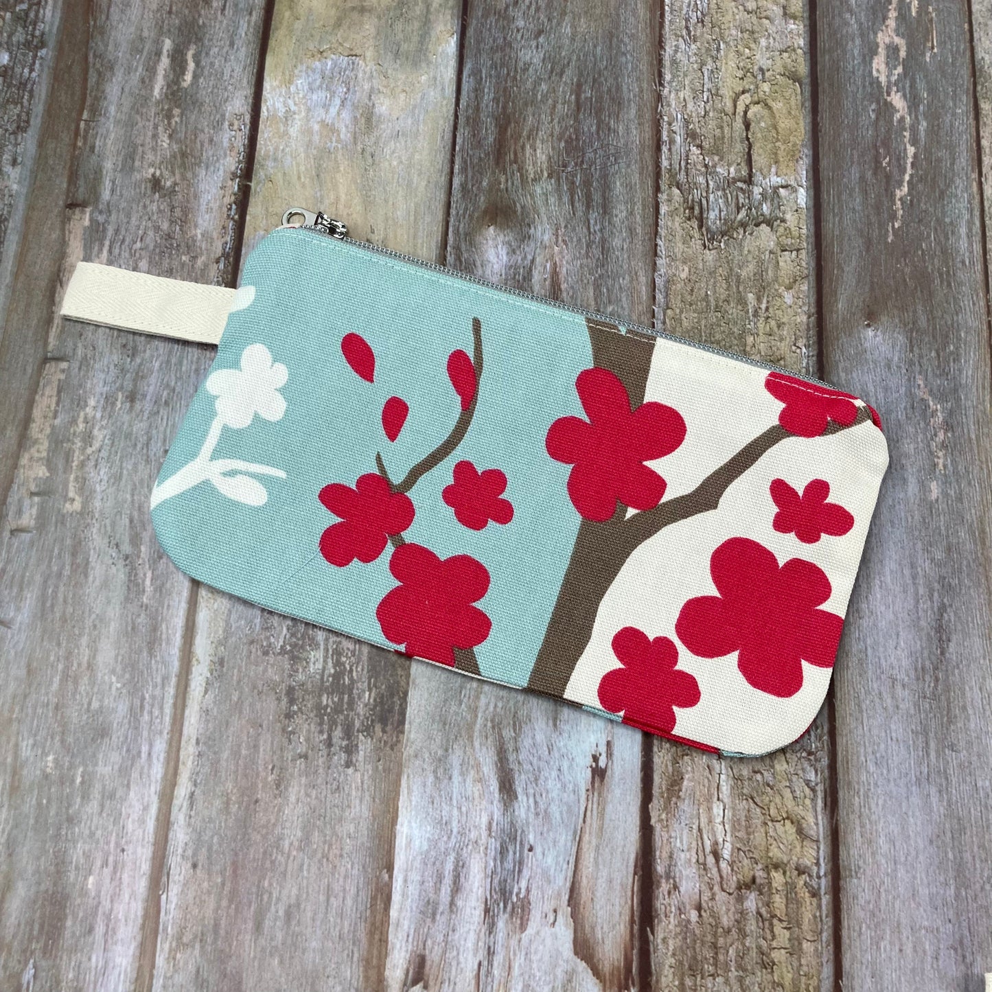 Zip Pouch Makeup Bag - Pencil Case | Pale Blue Cream Red Abstract Floral